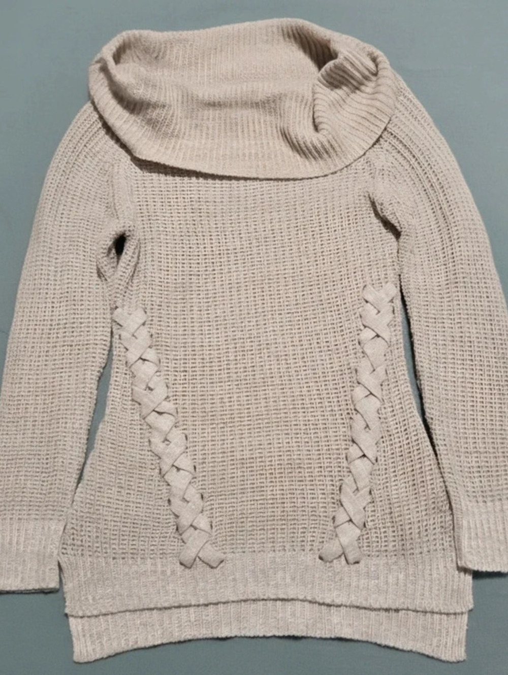 Derek Heart Women's Beige Cowl Neck Knit Sweater Lace Up Side Detail - L